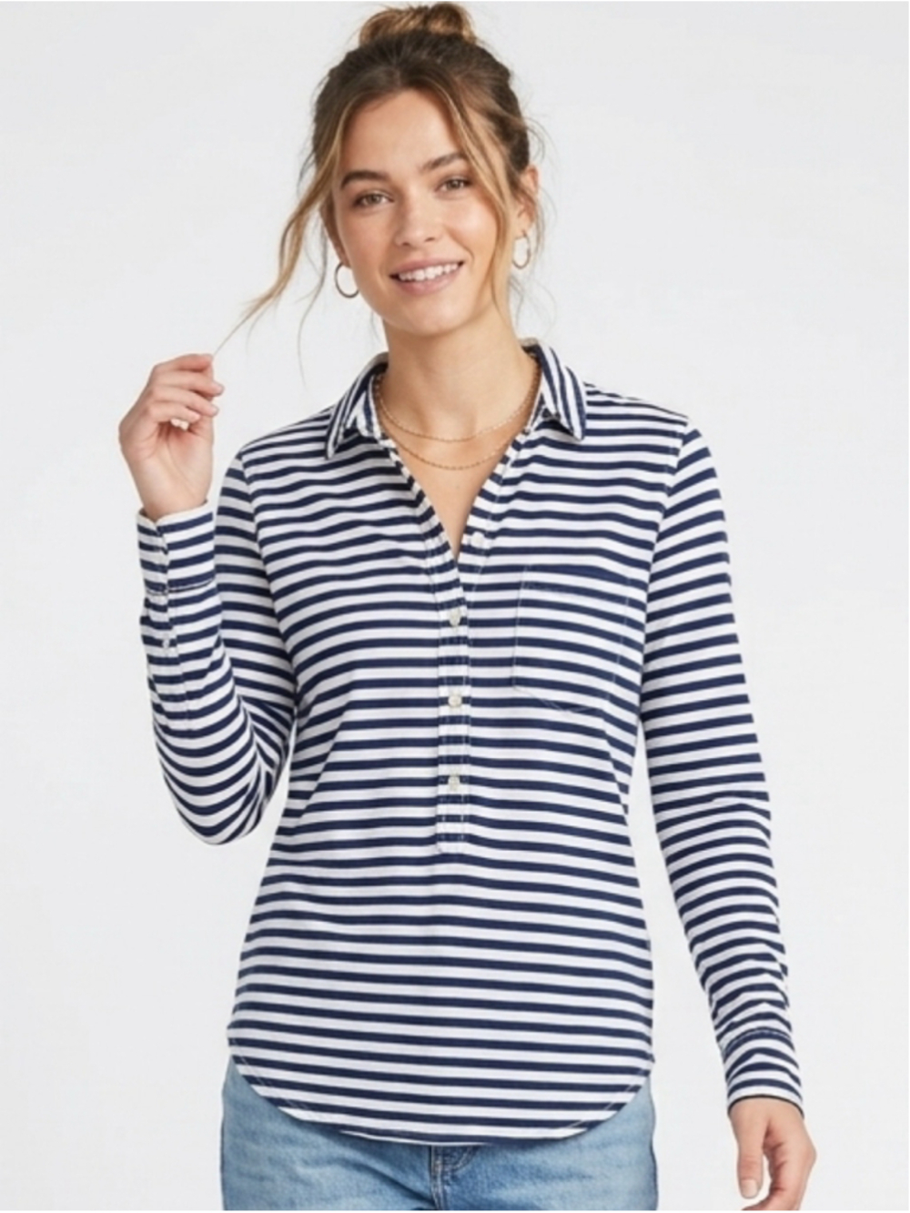J.Crew Navy White Striped Long Sleeve Popover Shirt Small Cotton Preppy - 983